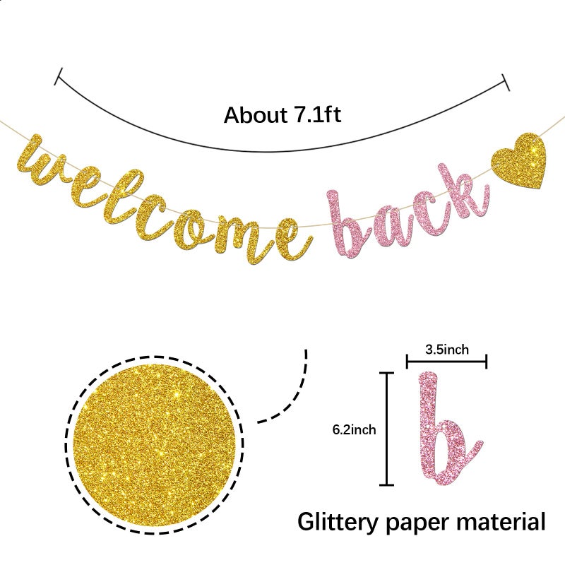 INNORU Welcome Back Banner, Gold and Pink Glitter Retirement Party Banner, Moving Away, Retirement Party Decorations, First Day of School Banner - Image 2